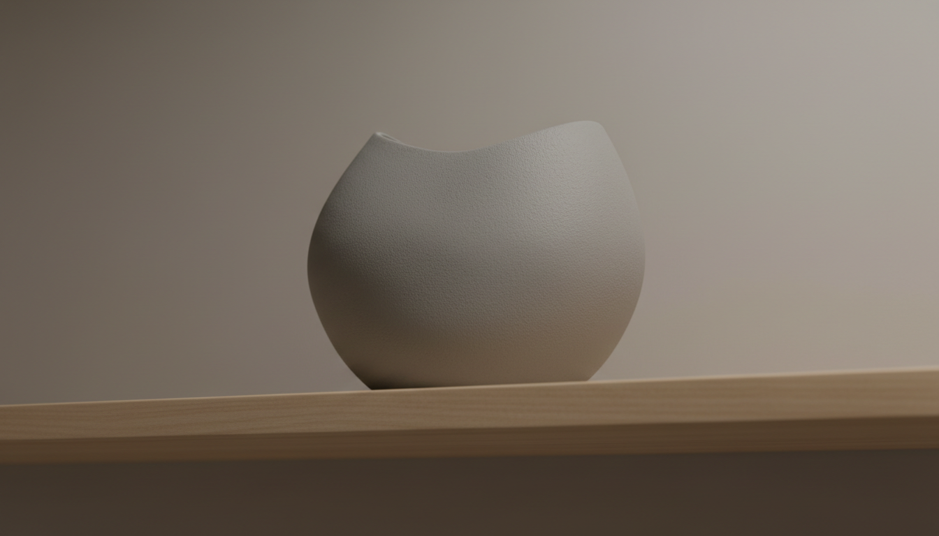 A monochromatic ceramic vessel with a matte, gently textured surface in muted stone grey, placed upon a wide, unadorned birchwood shelf against a pale taupe backdrop. The vessel’s organic, asymmetrical form suggests hand-crafted artistry rooted in simplicity and tranquility. Minimalist surroundings and soft overcast ambient lighting produce velvety shadows and subtle gradients across the vessel’s curves. The scene is captured from a low-angle, off-center composition, emphasizing negative space and the object’s quiet, symbolic presence. The mood is peaceful and understated, conveying an atmosphere of quiet spiritual contemplation, meticulously aligned with the site’s sophisticated, sober visual identity and photographic style.