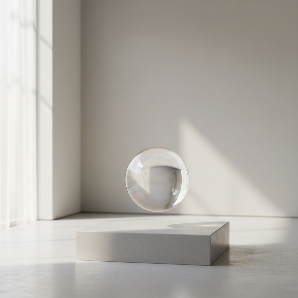 A delicate glass sphere, perfectly transparent with a faint opalescent sheen, hovering just above a smooth concrete pedestal in an open, light-filled room with pale matte walls and subtle gradients. Soft morning light streams in gently from a large frosted side window, casting a faint iridescent shadow beneath the sphere and creating a quiet interplay of soft reflections across its surface. The mood is serene and contemplative, inviting introspection. The image is composed at eye-level using the rule of thirds for a balanced yet airy visual impression, driven by photographic minimalism and refined detail, ideal for conveying the site’s thoughtful, spiritual exploration of contemporary art materials.