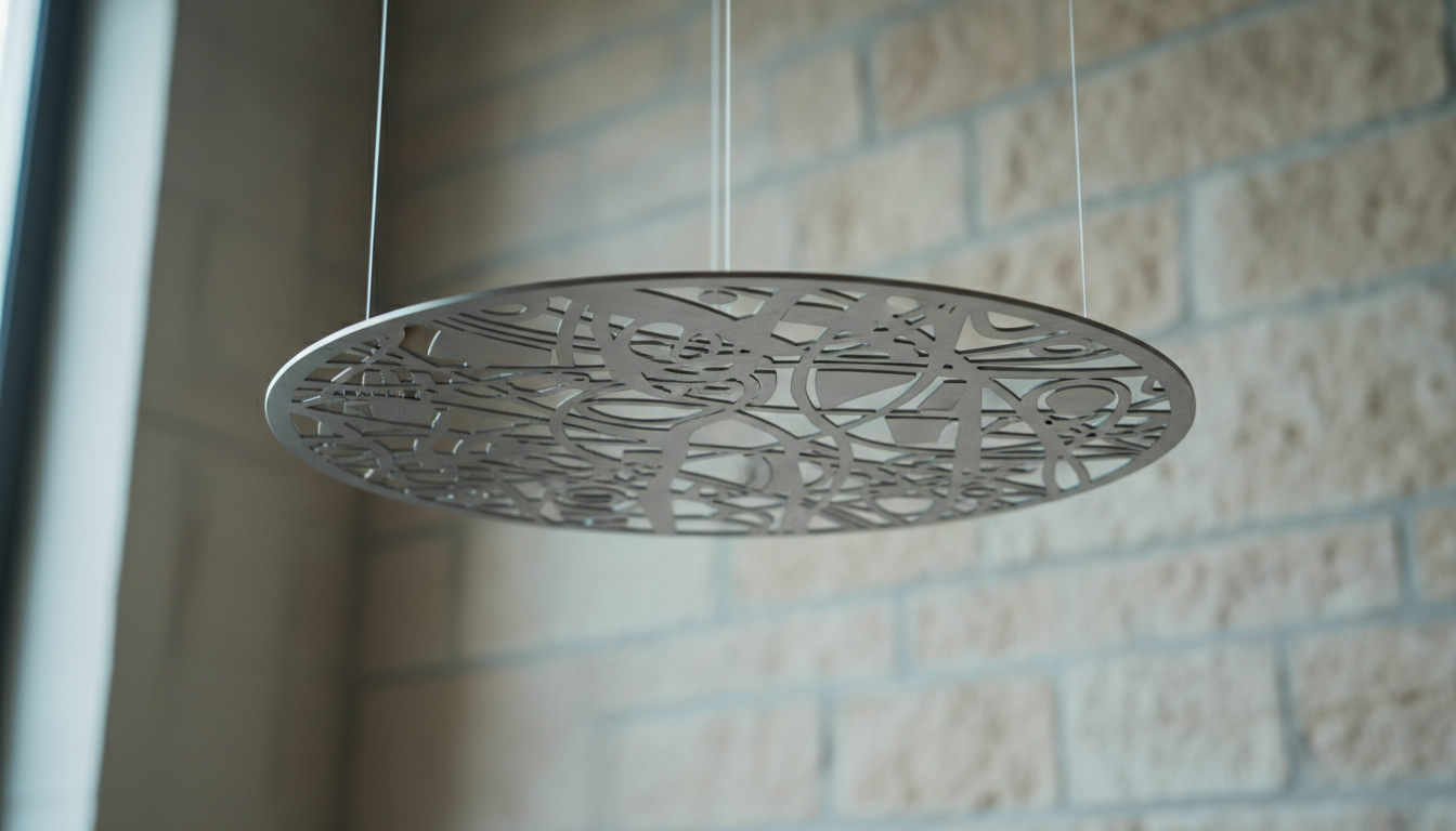 A thin, brushed metal disc with a delicately engraved abstract pattern, suspended by transparent threads in front of a textured, light stone wall. The disc floats just above eye level, catching diffuse natural light that grazes its subtle patterns, generating refined highlights and gradients across the metal’s surface. The environment is sparse and tranquil, with no distractions, drawing full attention to the interplay of shadow and reflection. The camera captures the disc with a shallow depth of field from a slightly below angle, creating an ethereal yet grounded visual. The style is elegant, minimal, and sophisticated—perfect for underscoring the non-religious, symbolic focus of the Biennale d’Arte Spirituale’s contemporary approach.